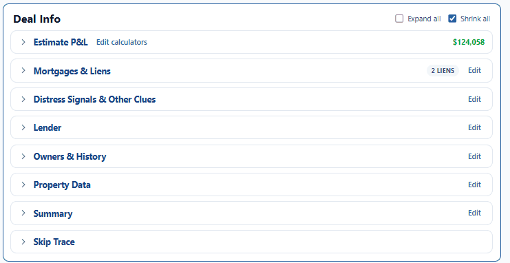 Liens, distress signals, lender, owners, property data and skip trace on every deal.