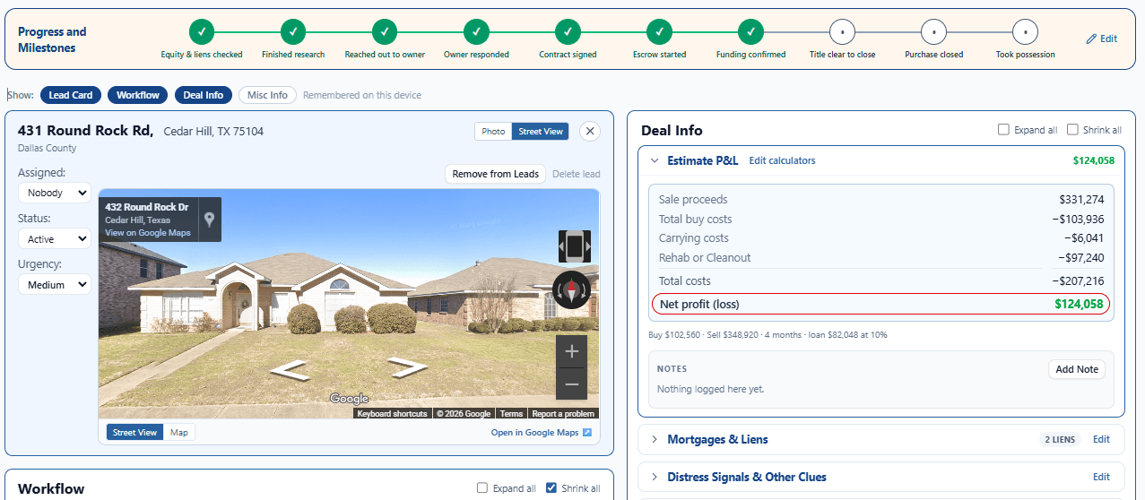 Deal progress Milestones, Workflows, Tasks, Figures, and other Details.