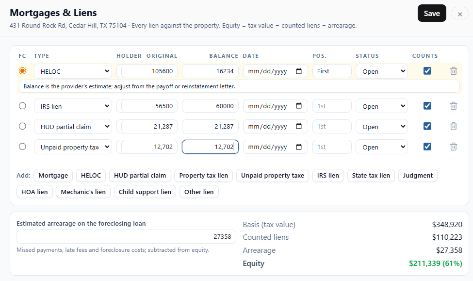 Research and add mortgages & liens. Adjusts equity accordingly.