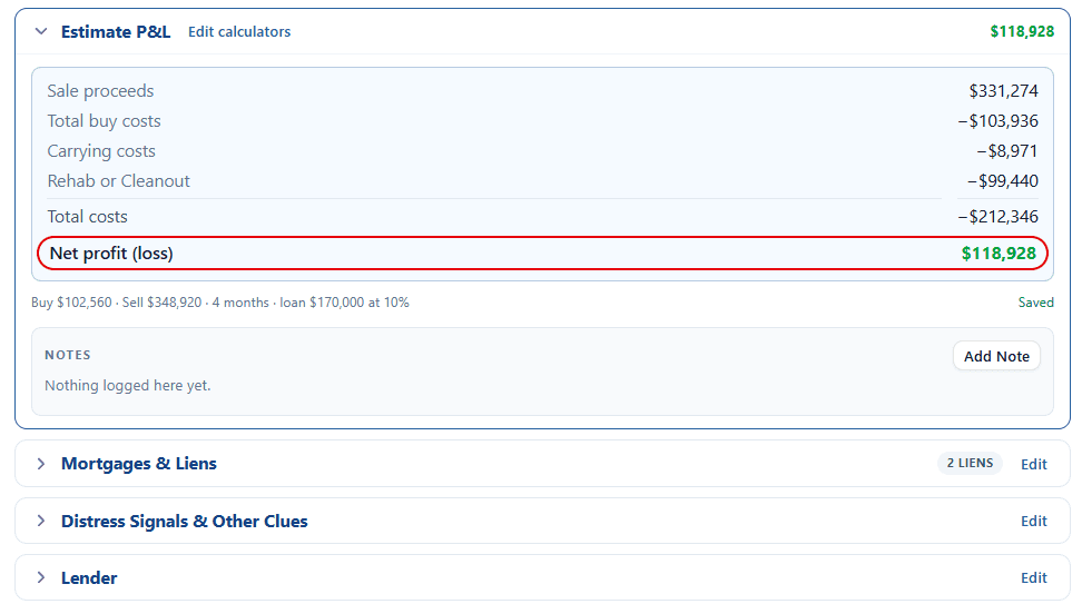 Built-in Estimator for Costs and Profits. Use it before you make an offer.