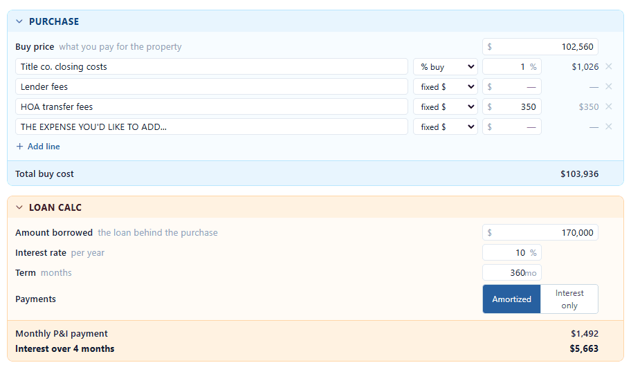 Purchase costs and the loan, amortized or interest only.