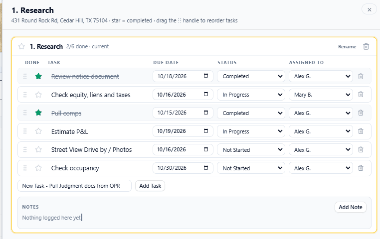Add, reorder and reassign tasks, and keep notes on each phase.